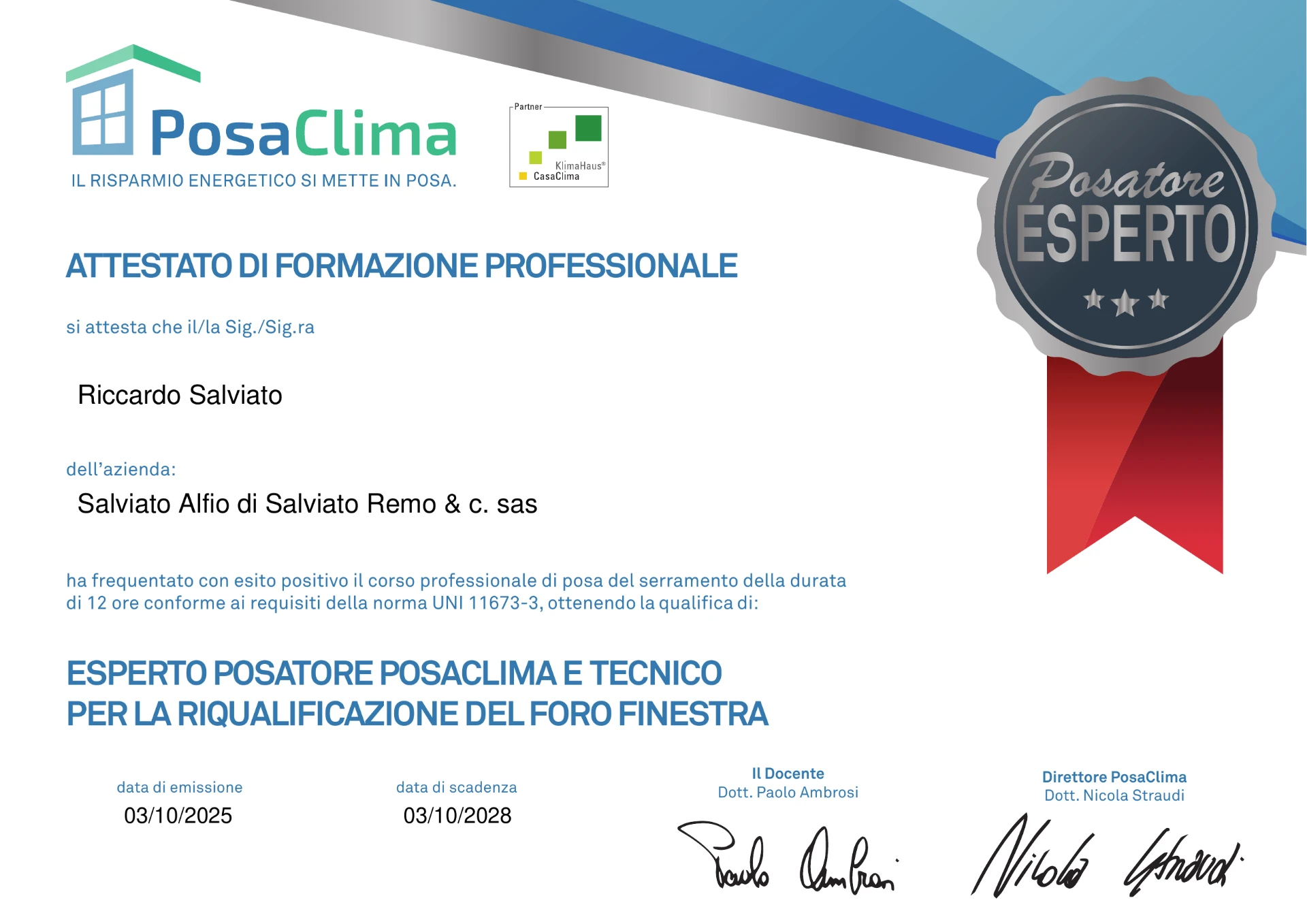 Attestato di formazione professionale di Riccardo Salviato